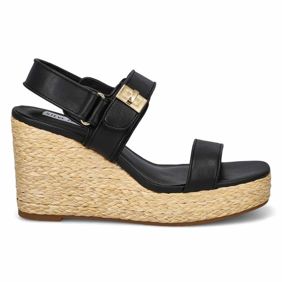 Steve Madden Black and Tan Wedge Sandals with Espadrille Platform - Picture 2 of 5